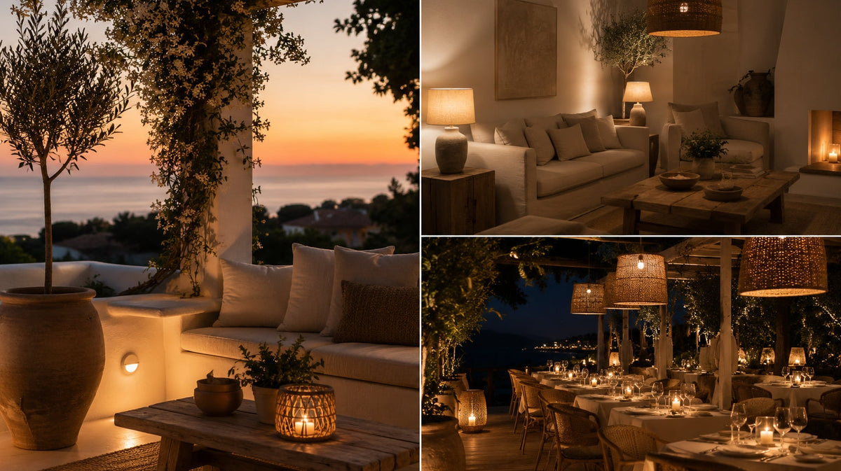Terraza mediterránea iluminada con luz cálida al atardecer - Pino & Jacaranda