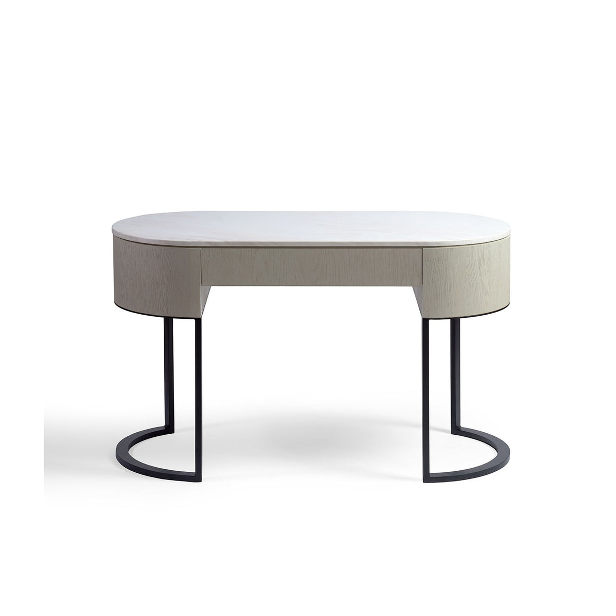 Consola ovalada blanco grisáceo, piedra y metal negro Swieqi