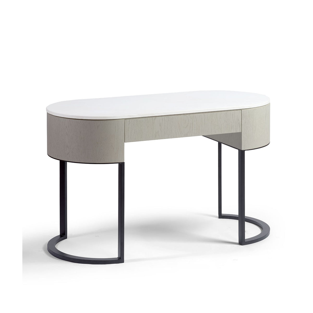 Consola ovalada blanco grisáceo, piedra y metal negro Swieqi
