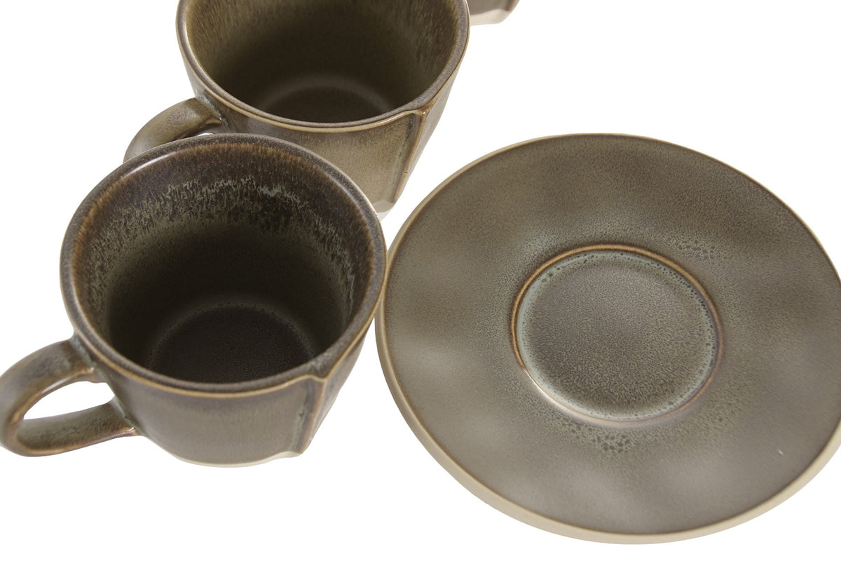 Juego de 6 tazas de café de gres con soporte de acacia Oliva