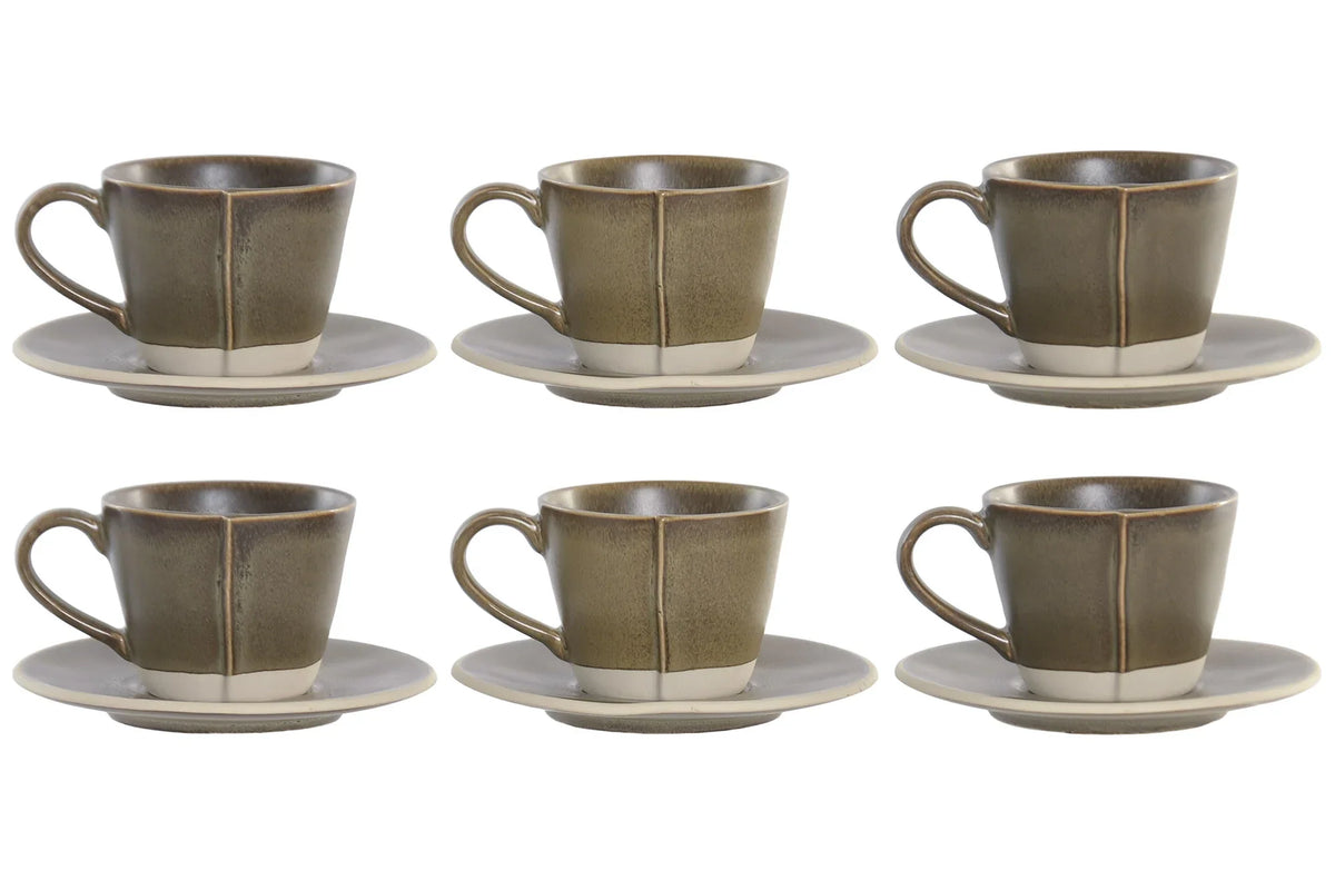Juego de 6 tazas de café de gres con soporte de acacia Oliva