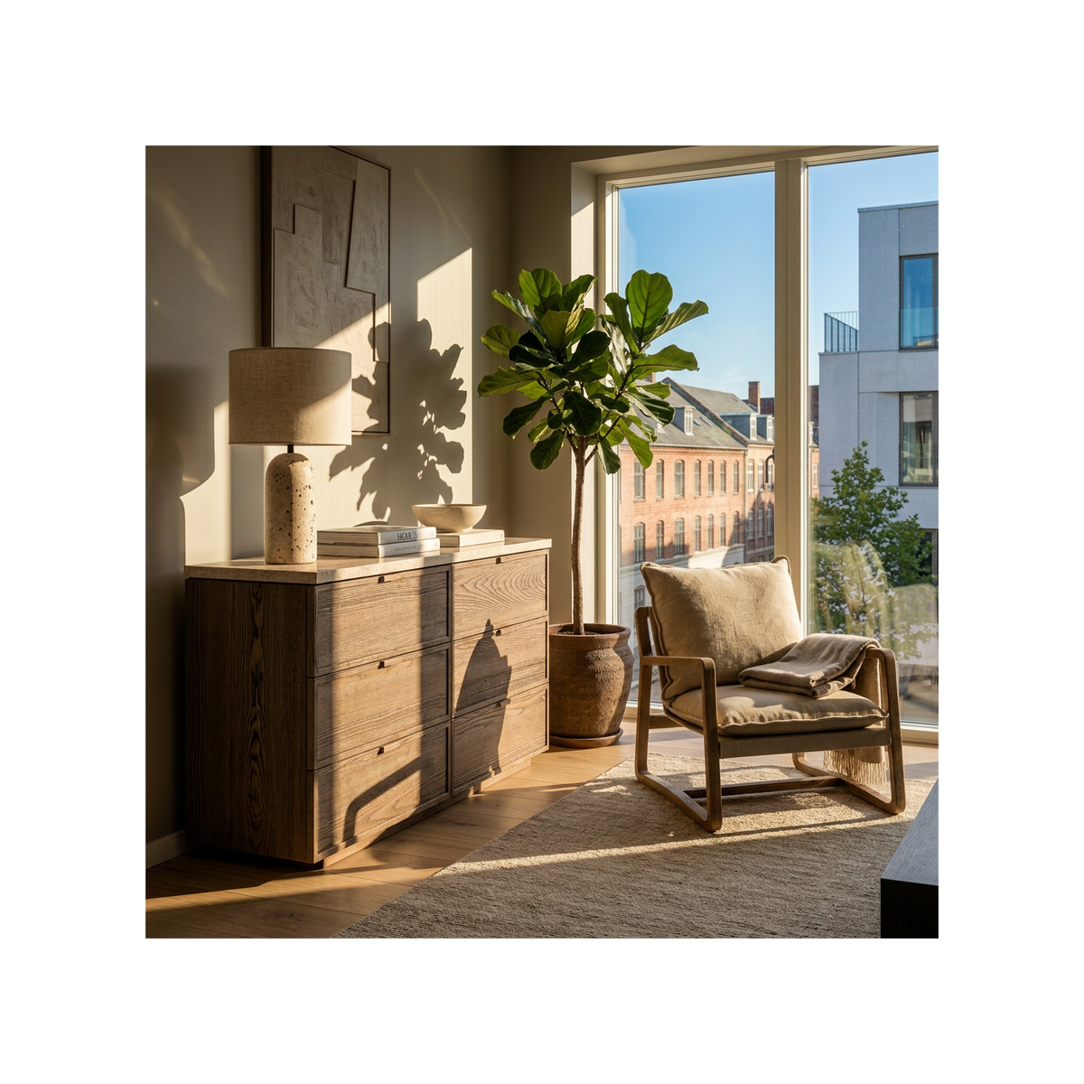 Cómoda de roble natural y travertino sin tiradores Moraira