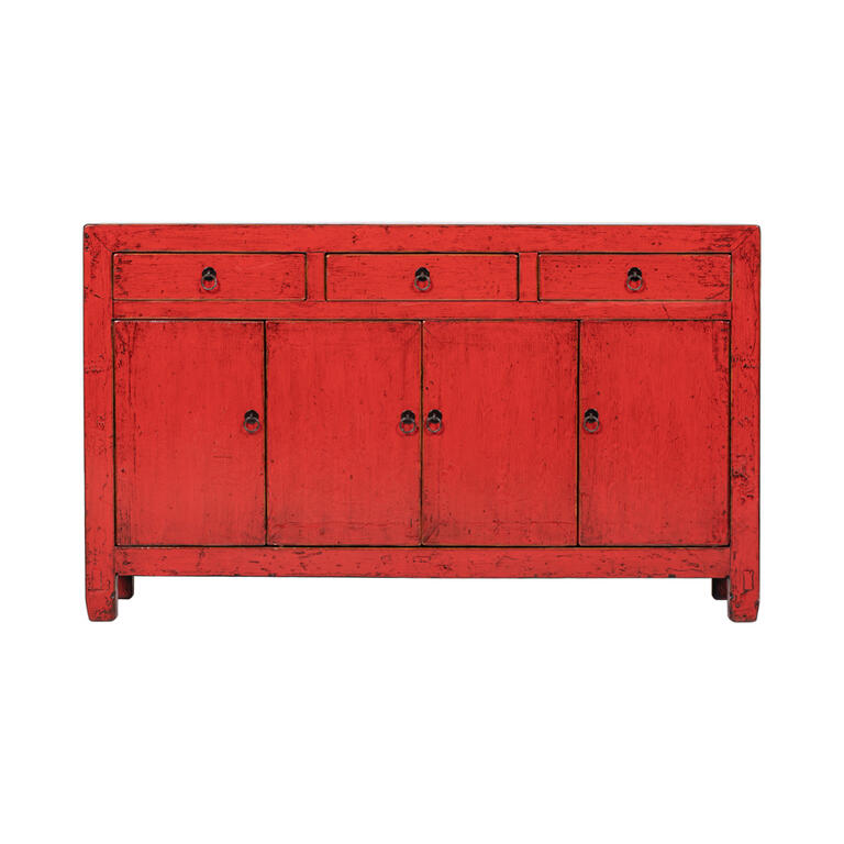 Cómoda antigua roja de pino con 3 cajones y 4 puertas Yunan