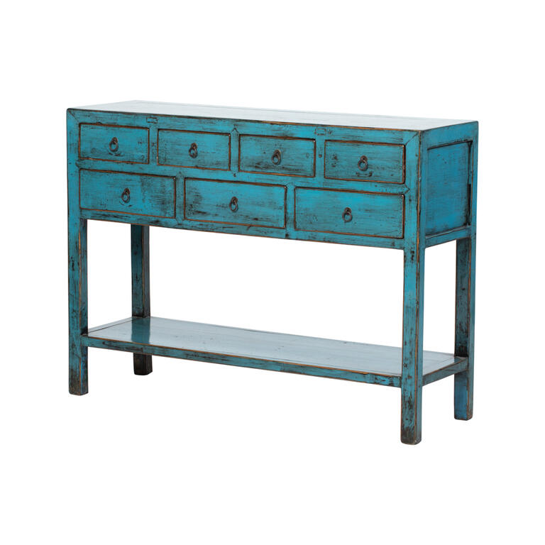 Consola antigua azul de olmo con 7 cajones Zhenwen