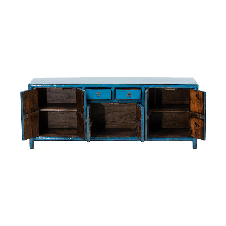 Piecero antiguo azul de pino con 6 puertas y 2 cajones Verderón