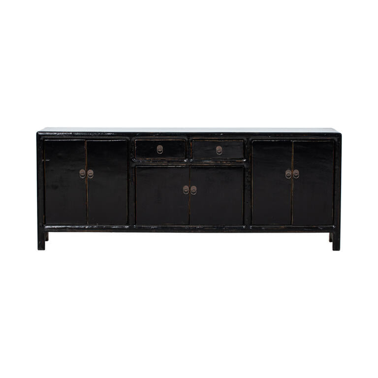Piecero antiguo negro de pino con 6 puertas y 2 cajones Yaan