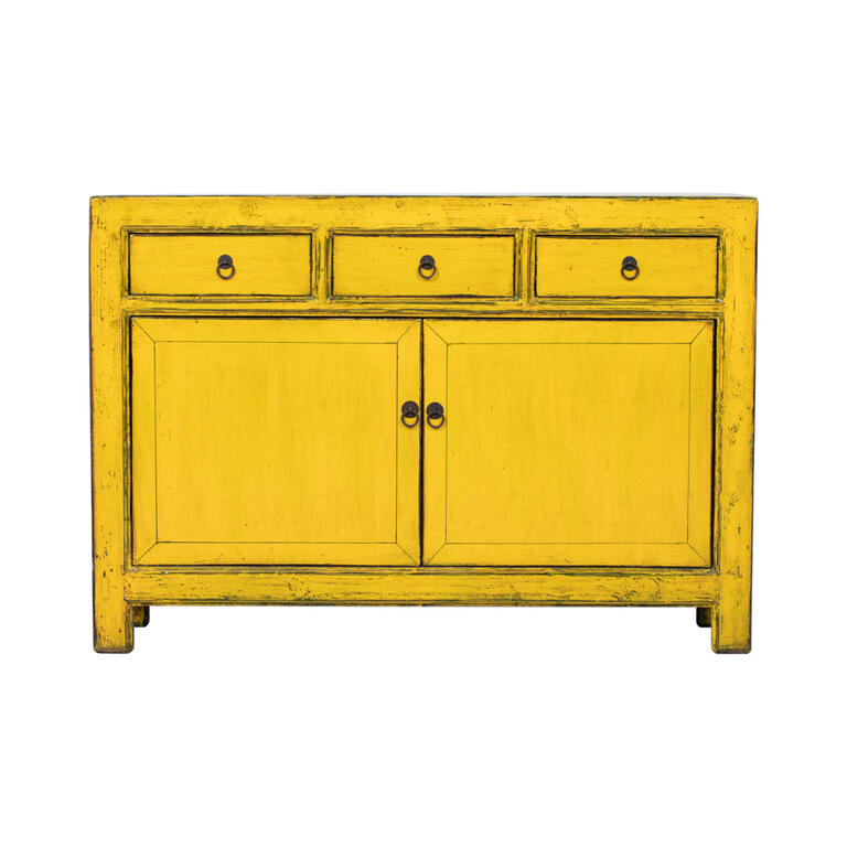 Cómoda antigua amarilla de pino con 3 cajones y 2 puertas Yunbai