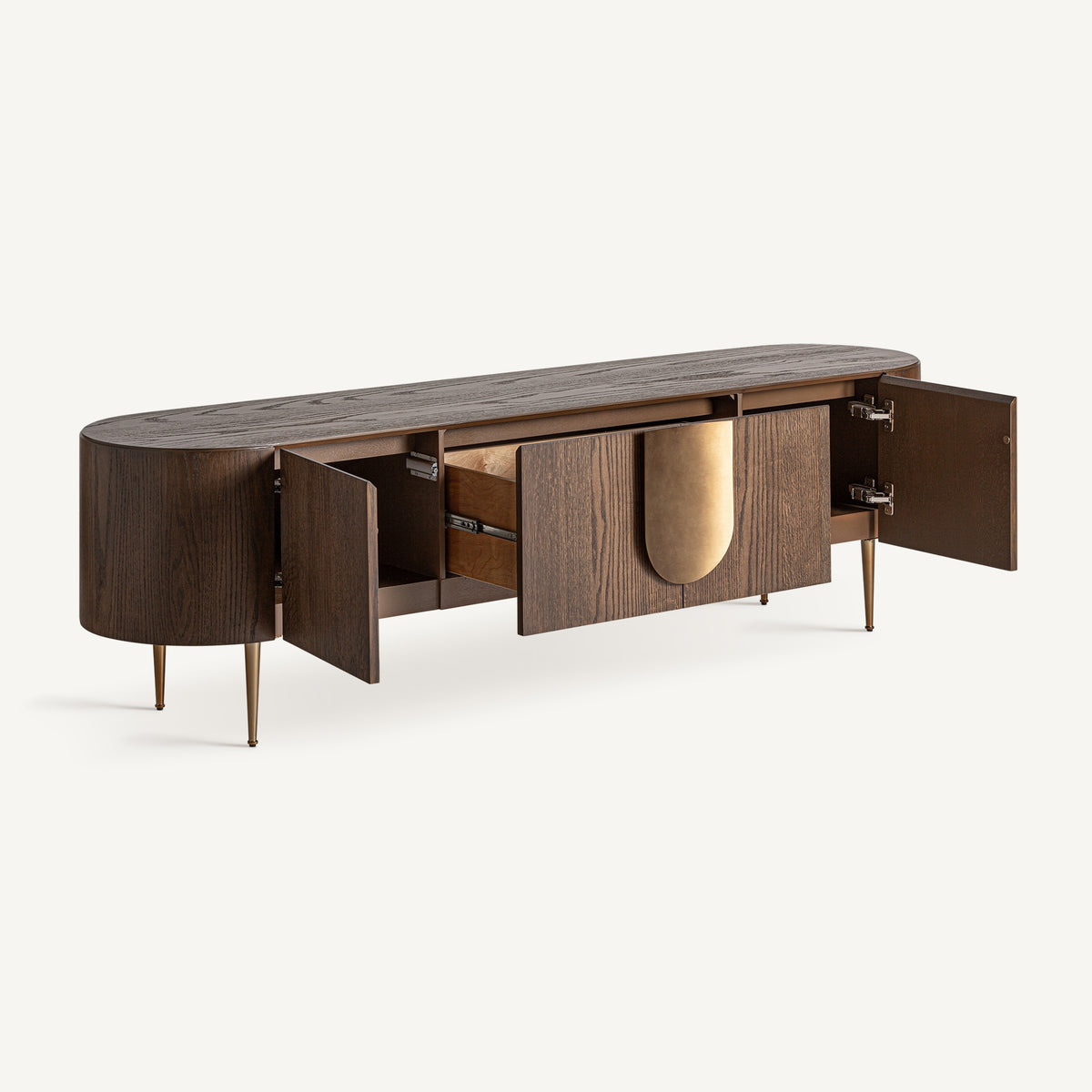 Mueble TV de roble teñido y acero dorado Arrábida