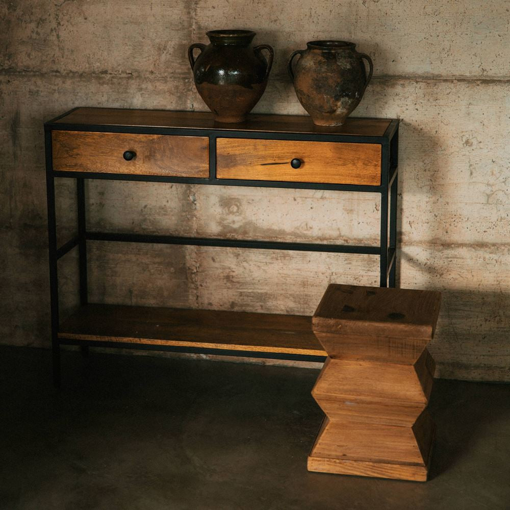 Set de 2 taburetes bajos de pino reciclado Syrma
