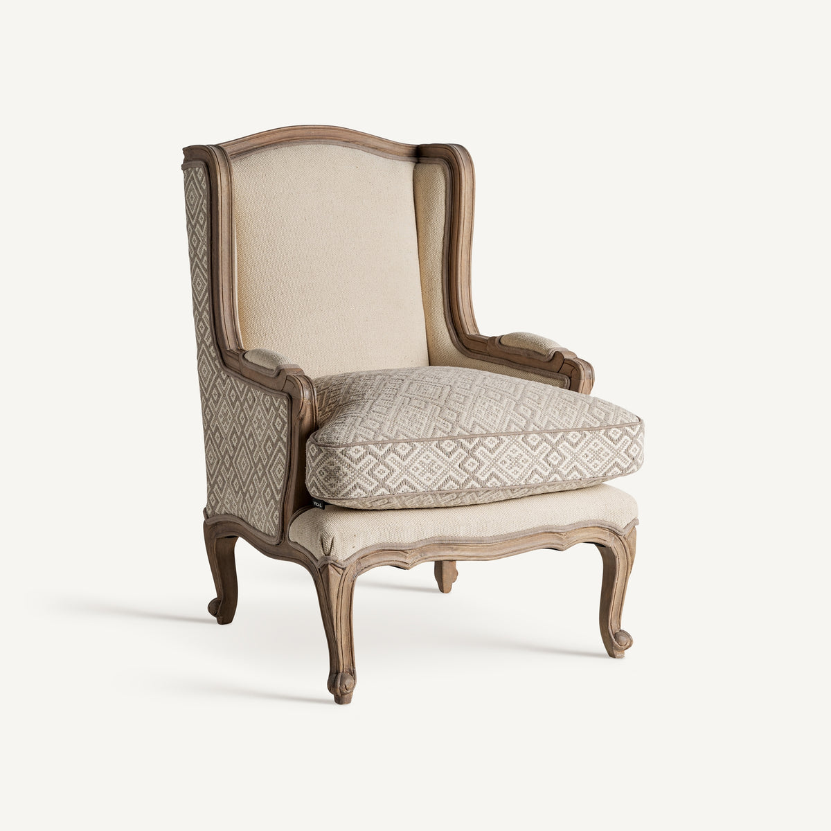 Sillón colonial de madera de mango y tapizado beige Savoca