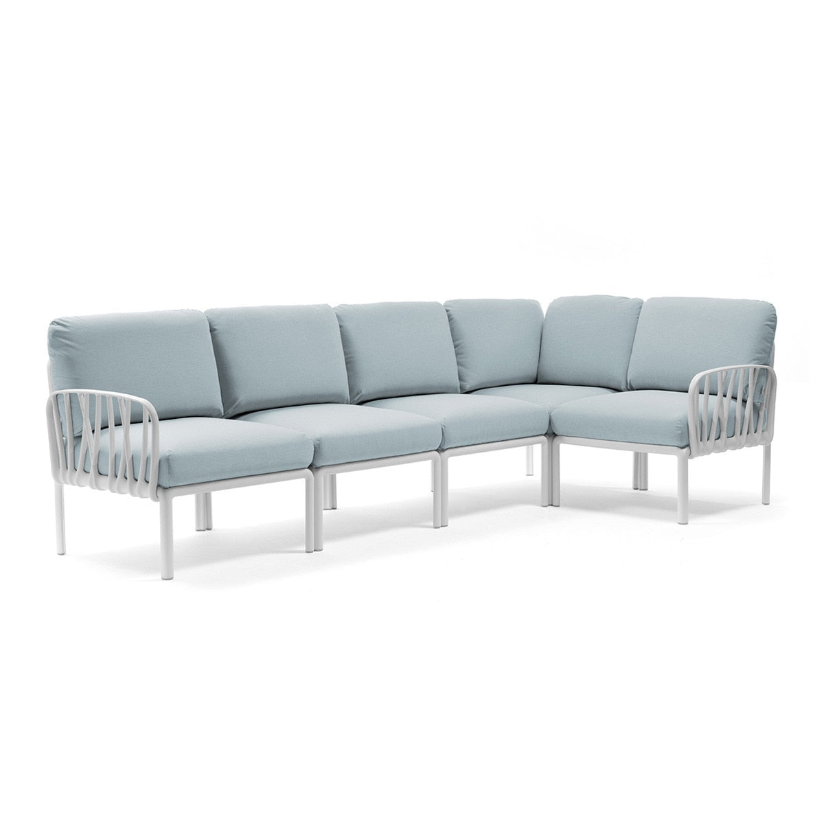 Set de sofá rinconera Komodo con puf y mesa de centro Nardi – Sofá rinconera Komodo, blanco / azul claro