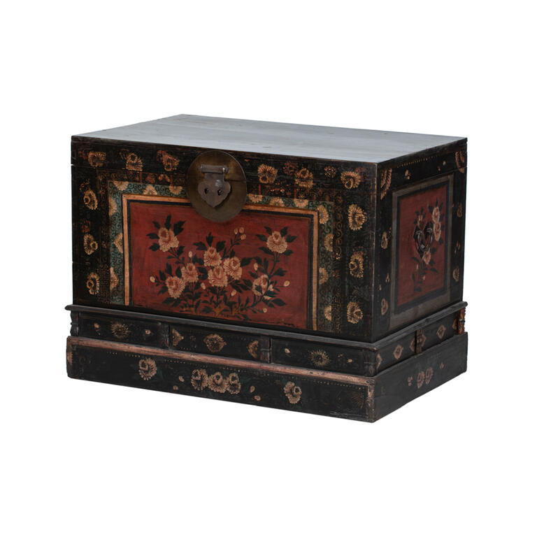 Baúl antiguo multicolor de olmo con tapa Xiahe