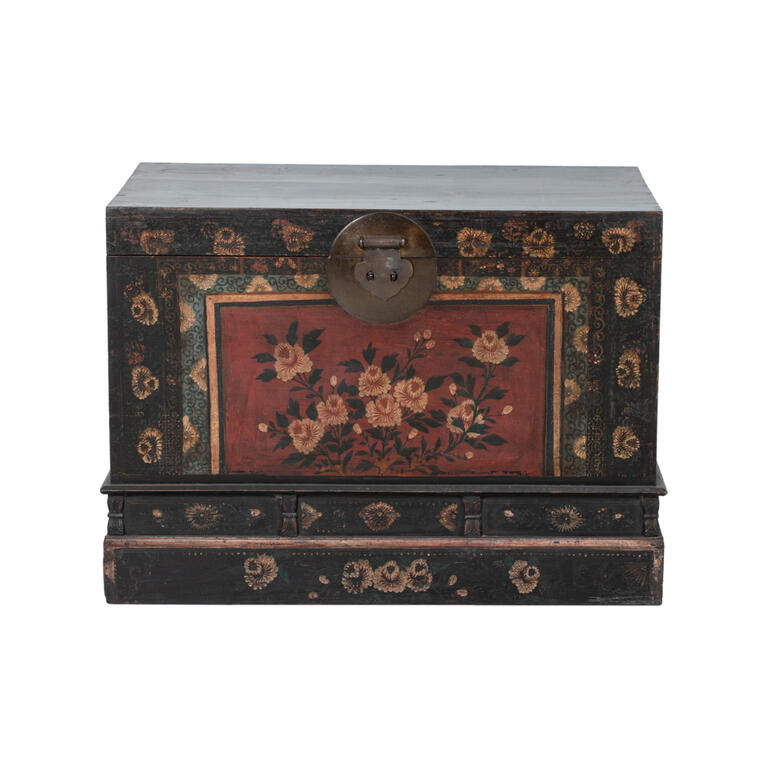 Baúl antiguo multicolor de olmo con tapa Xiahe