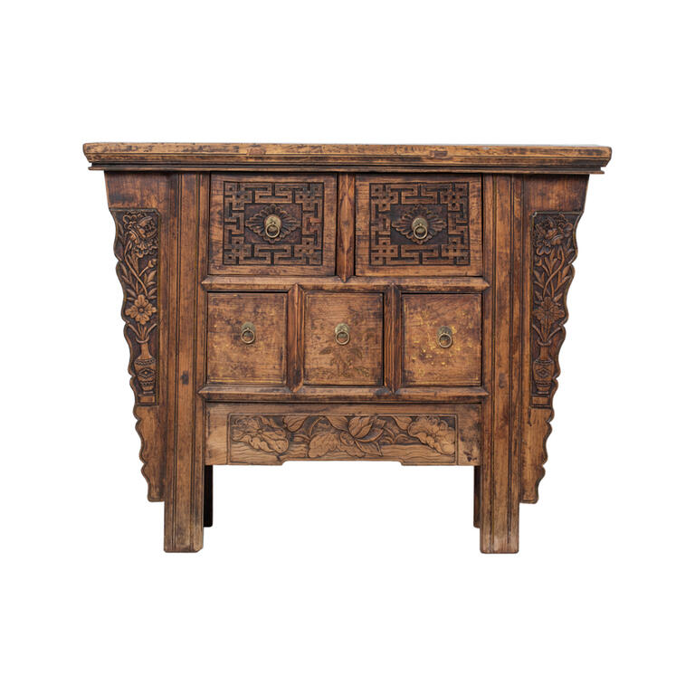 Consola antigua natural de olmo con 5 cajones Tablada