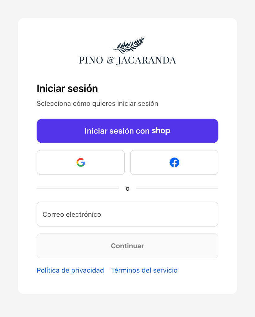 Accede a tu cuenta de Pino & Jacaranda ahora con Google, Facebook o ShopPay - Pino & Jacaranda