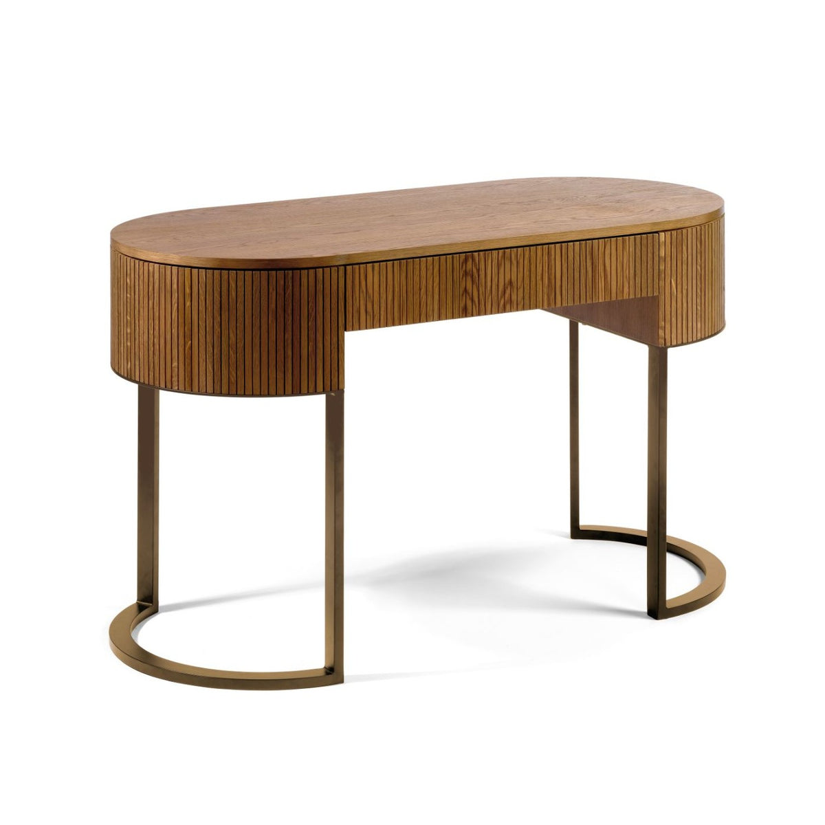 Consola de roble alistonado con cajón y metal dorado Zagora