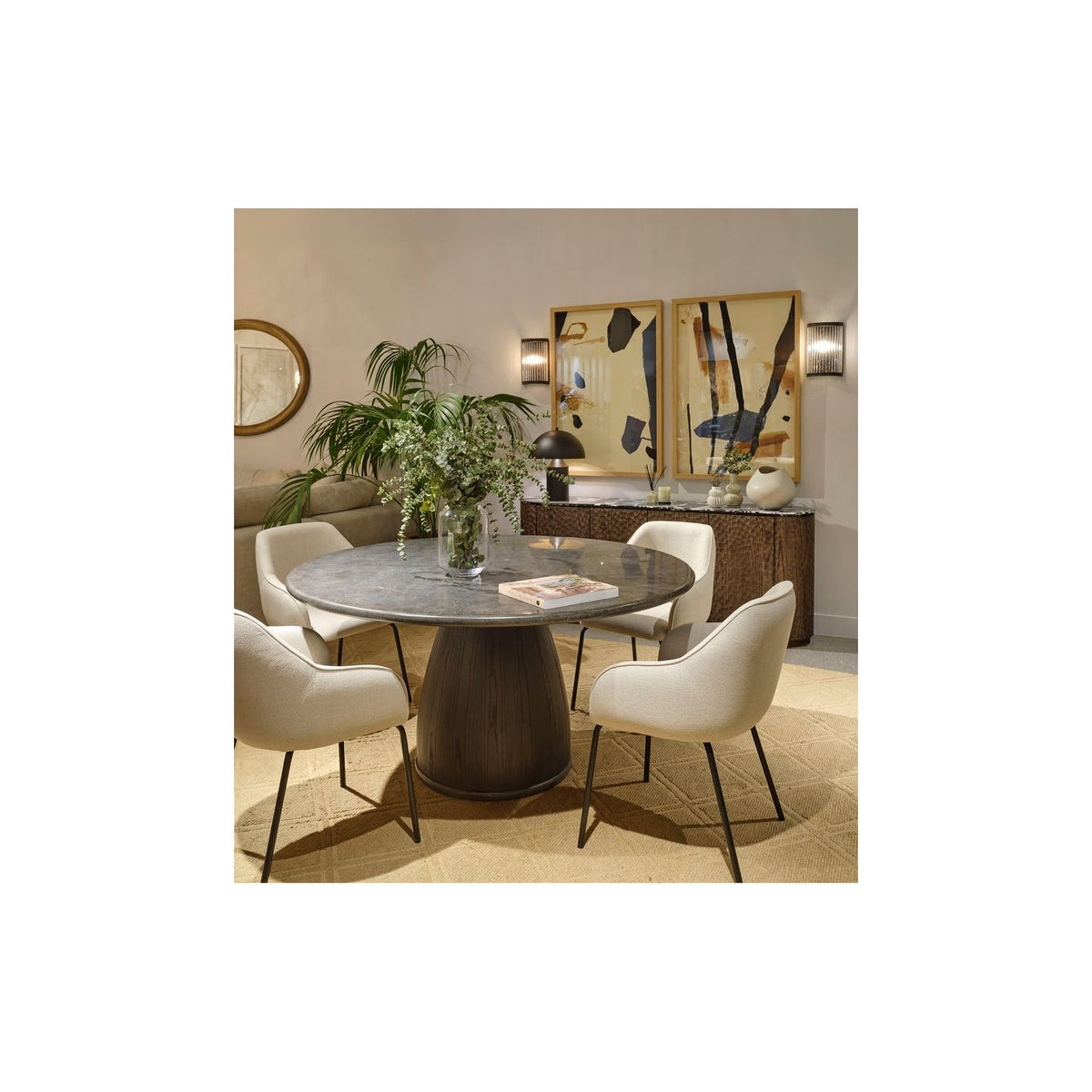 Mesa de comedor redonda de piedra y fresno oscuro Tamezret