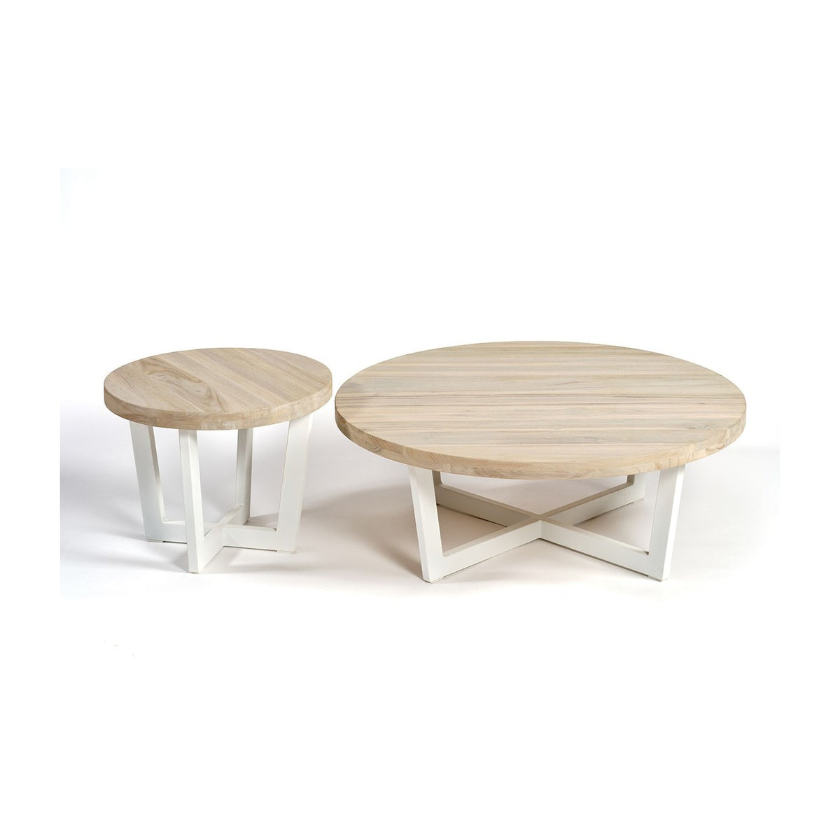 Mesa de centro redonda de teca blanqueada y aluminio Milos