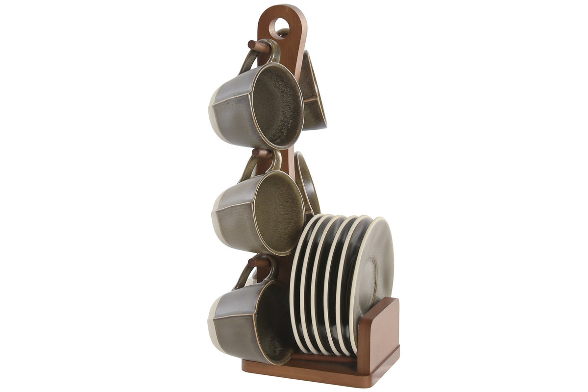 Juego de 6 tazas de café de gres con soporte de acacia Oliva