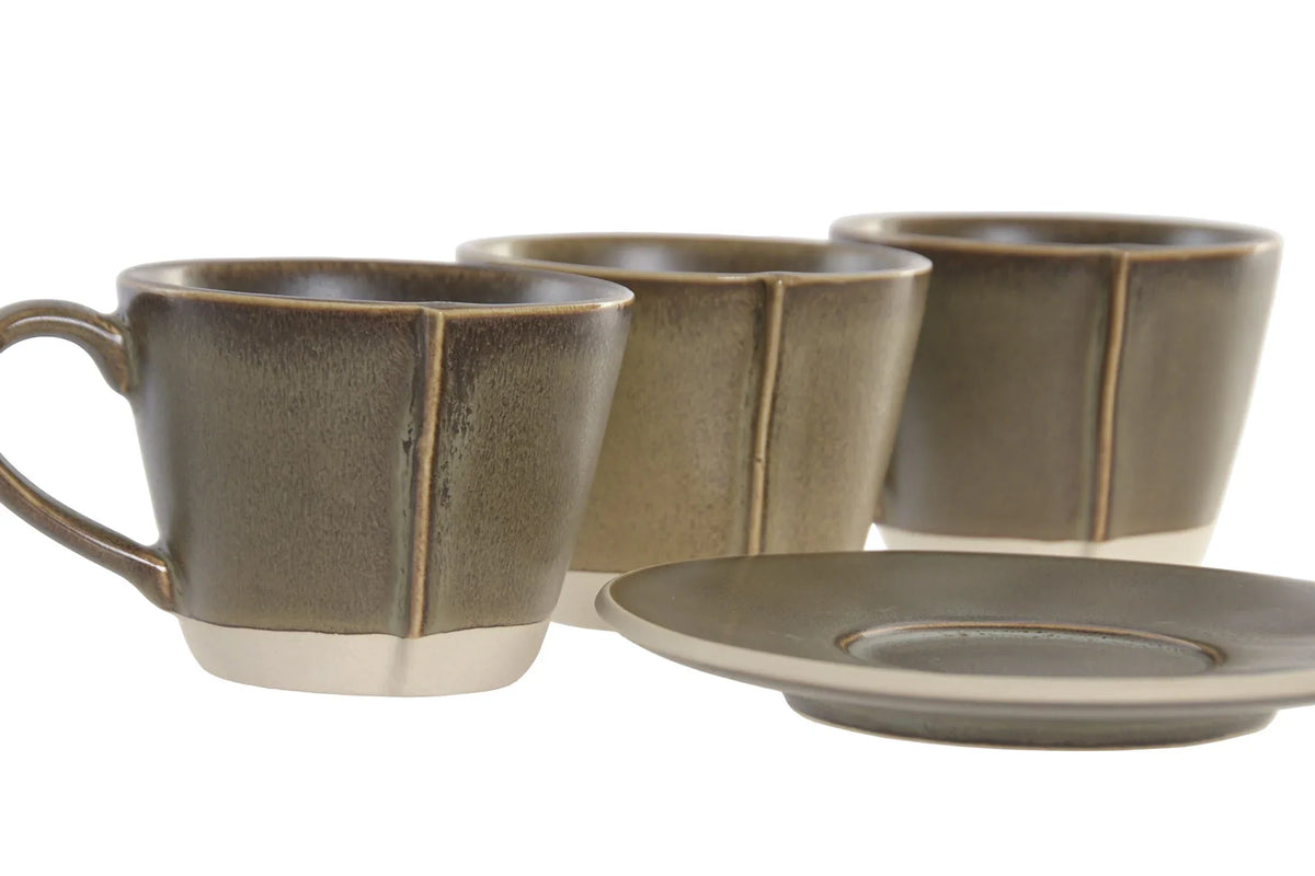 Juego de 6 tazas de café de gres con soporte de acacia Oliva