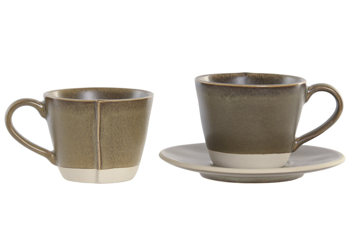 Juego de 6 tazas de café de gres con soporte de acacia Oliva