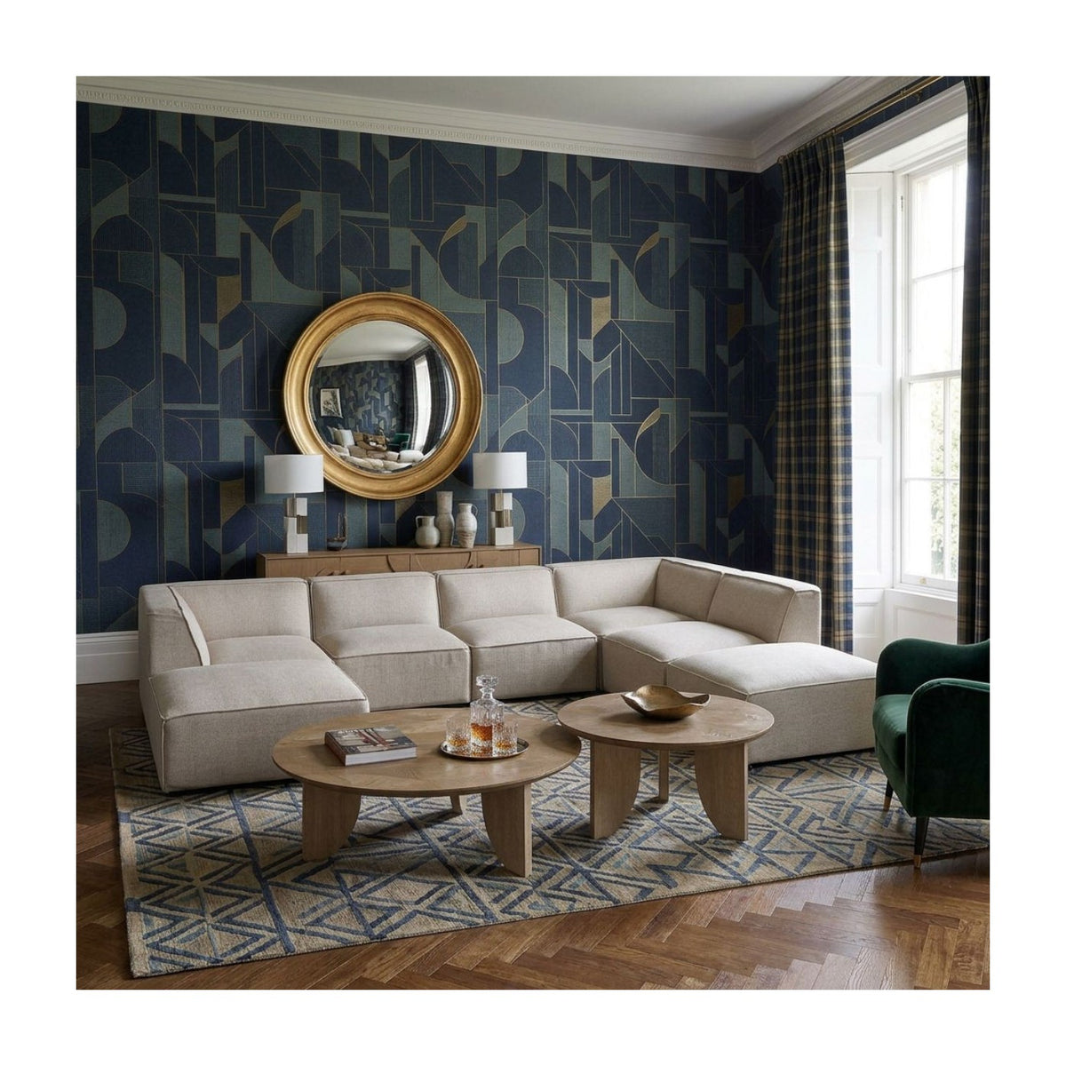 Sofá modular de lino beige de líneas rectas Querença