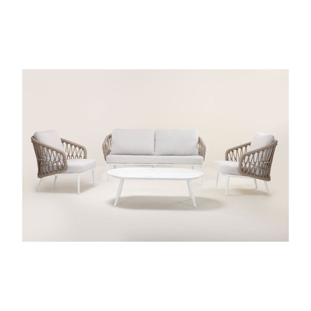 Mesa de centro ovalada de aluminio blanco y piedra Bandol