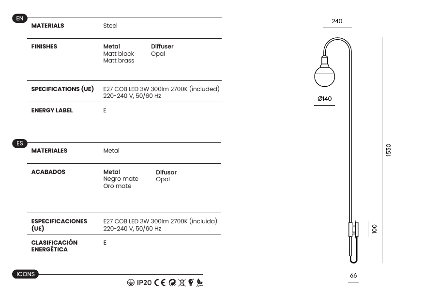 Aplique de Pared Helmet Curve - A1219