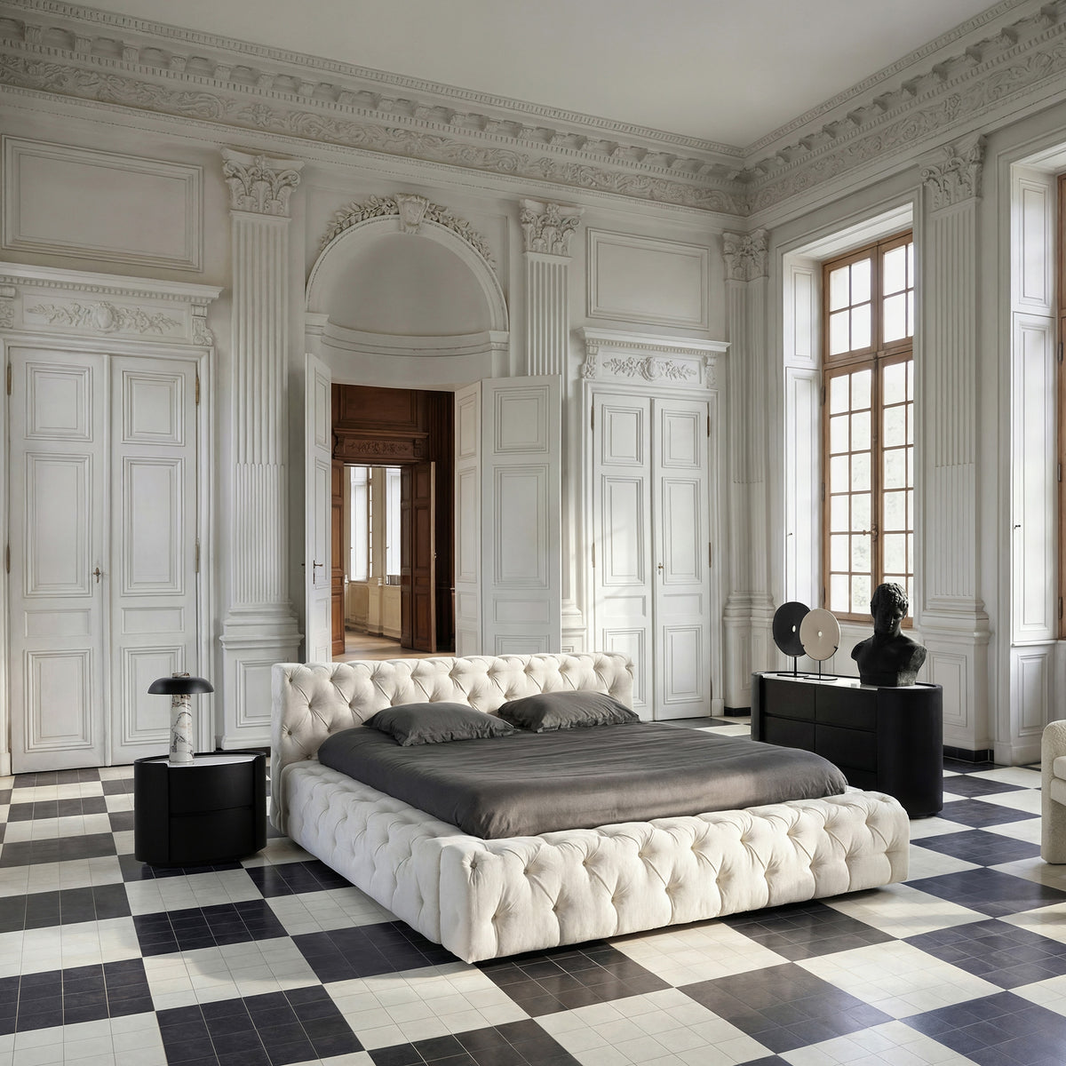 Cama tapizada beige Alcaufar