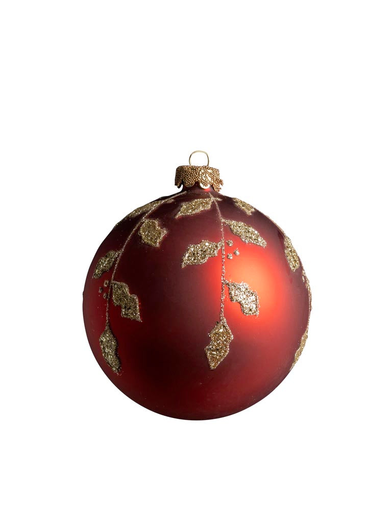 Bola de Navidad Roja con Acebo Brillante