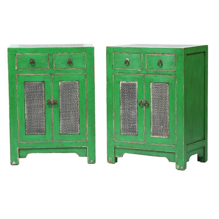 Pareja de cómodas verdes de pino con 2 cajones y 2 puertas Curruca