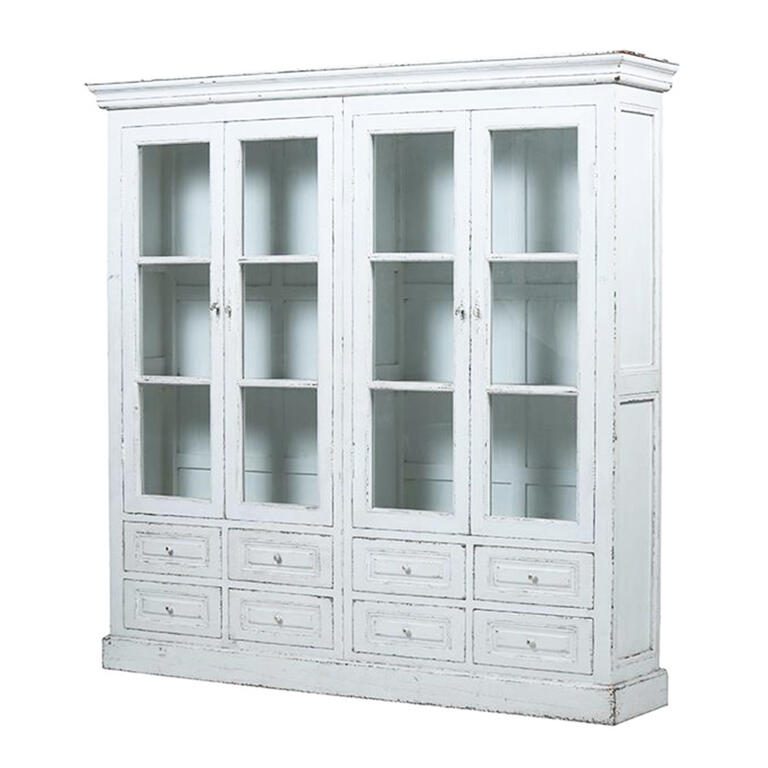 Vitrina blanca de pino con 4 puertas y 8 cajones Yayu