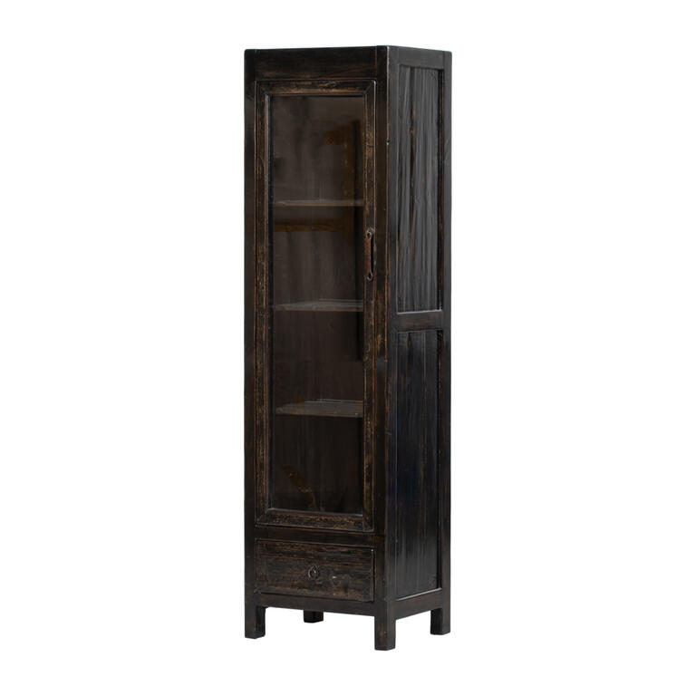 Vitrina negra de pino con 1 puerta y 1 cajón Deva