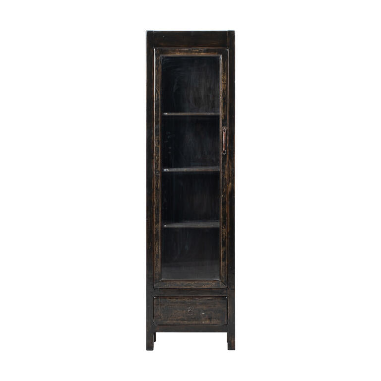 Vitrina negra de pino con 1 puerta y 1 cajón Deva