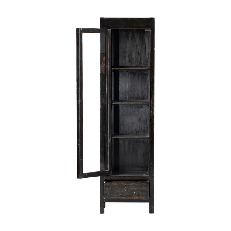 Vitrina negra de pino con 1 puerta y 1 cajón Deva