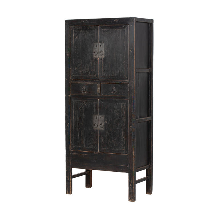 Armario antiguo negro de álamo con 4 puertas y 2 cajones Ega