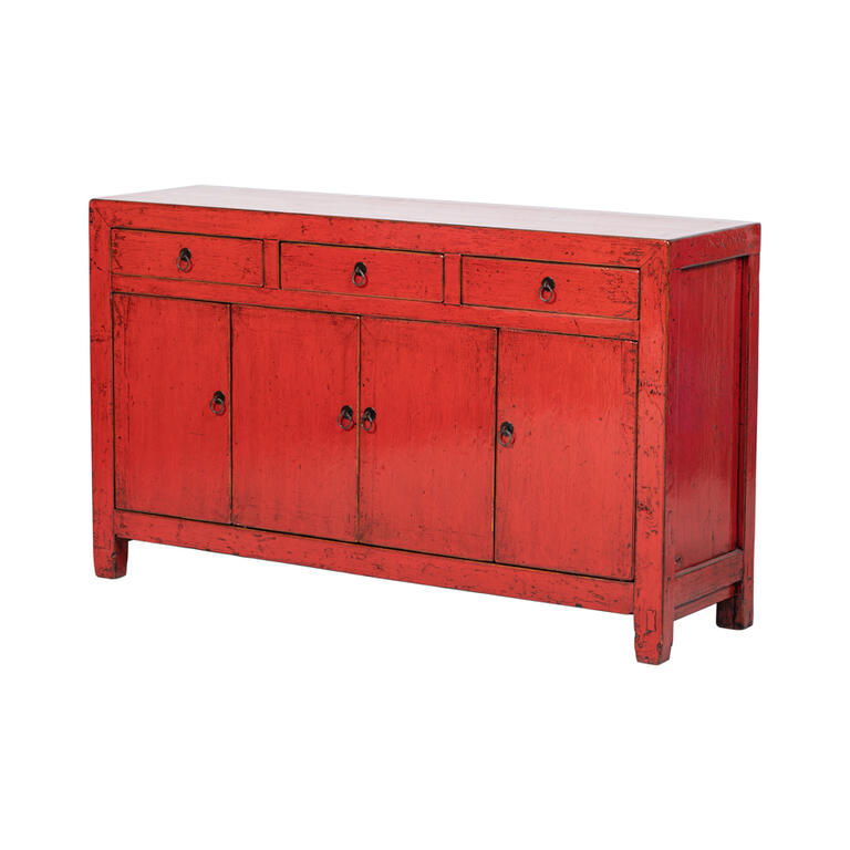 Cómoda antigua roja de pino con 3 cajones y 4 puertas Yunan
