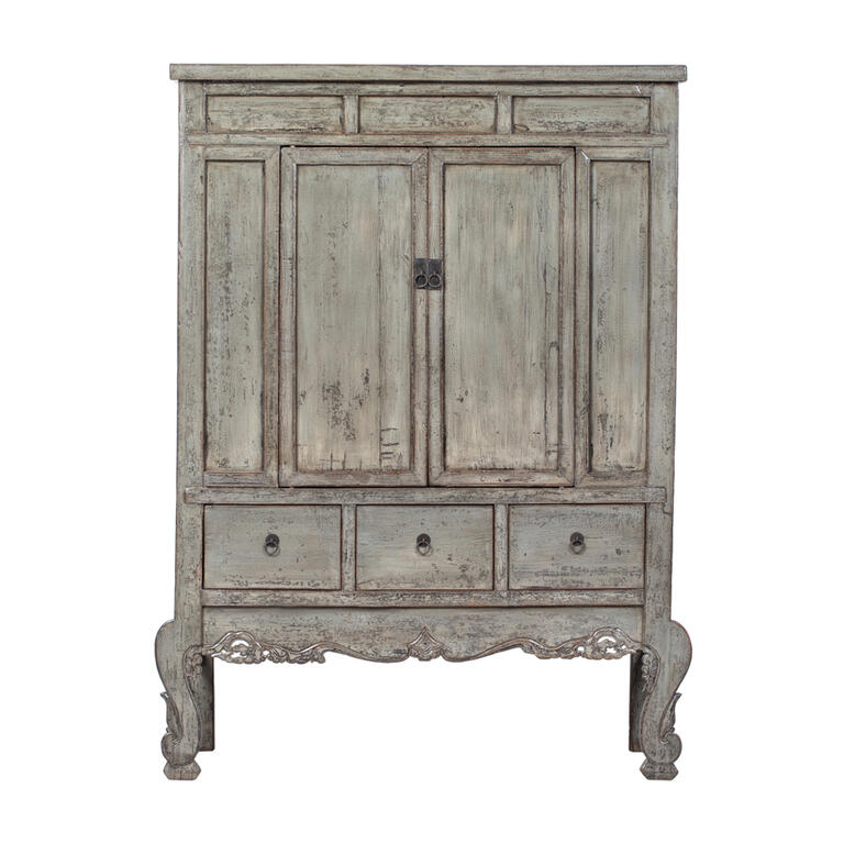 Armario antiguo gris de pino con 2 puertas y 3 cajones Águeda