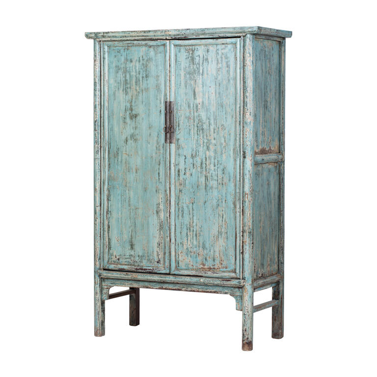 Armario antiguo azul de olmo con 2 puertas y 2 cajones Shurui