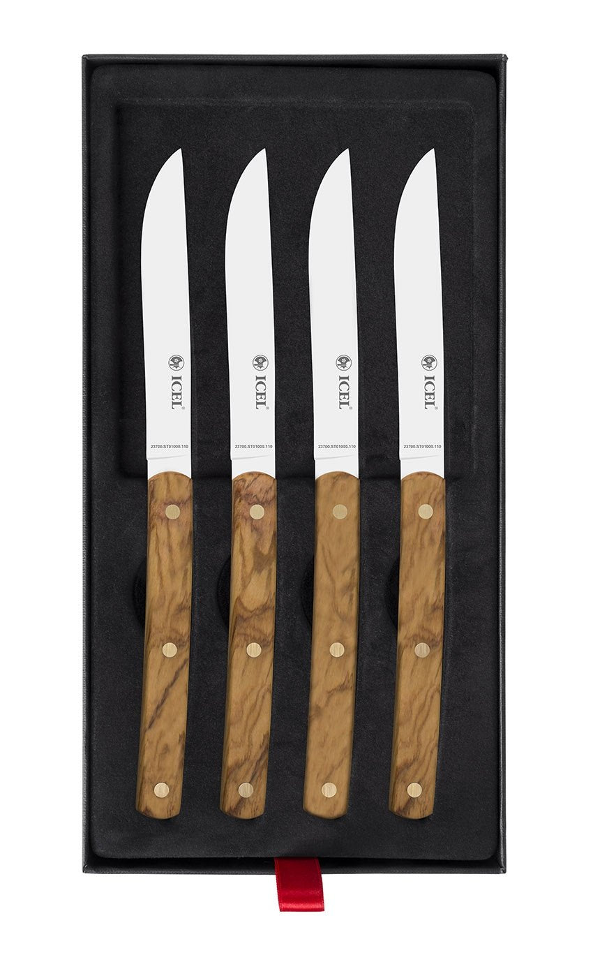 Set de 4 cuchillos chuleteros Icel ST01 con mango de madera de olivo