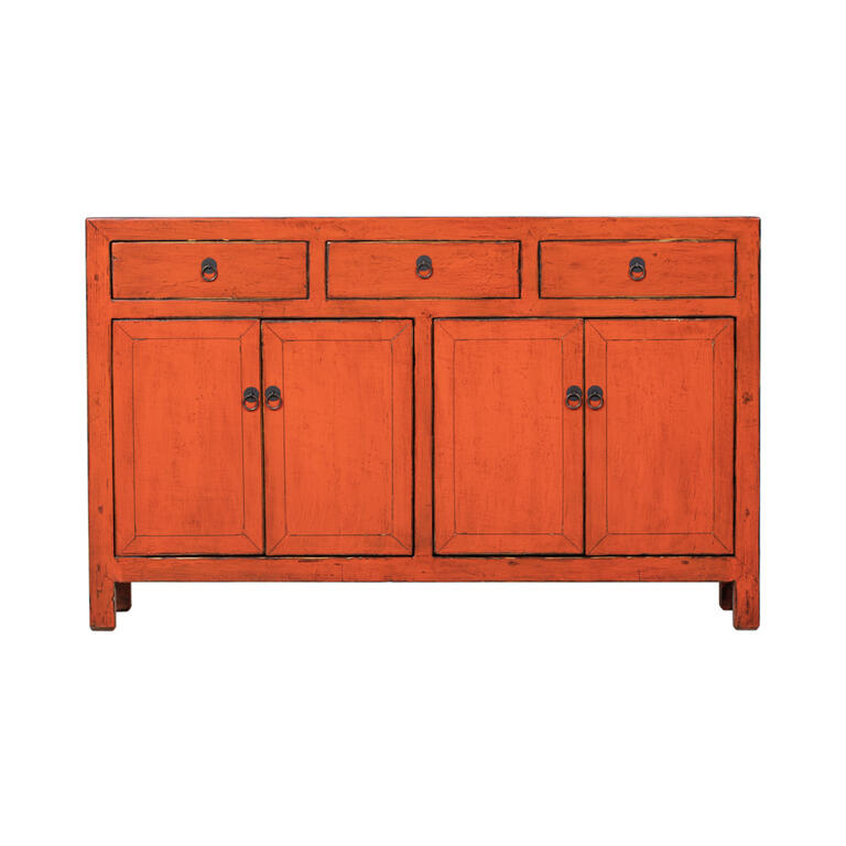 Cómoda antigua naranja de pino con 3 cajones y 4 puertas Shuhua