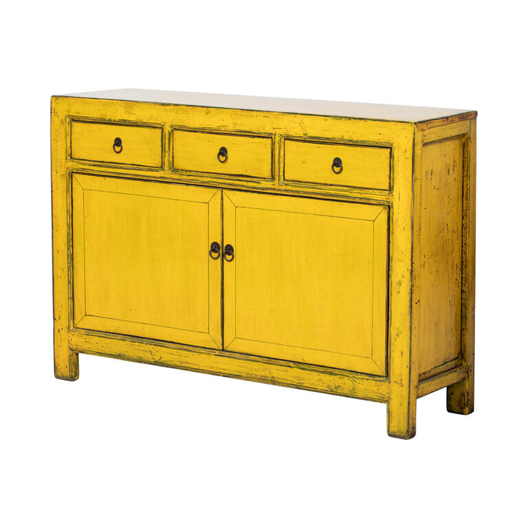Cómoda antigua amarilla de pino con 3 cajones y 2 puertas Yunbai