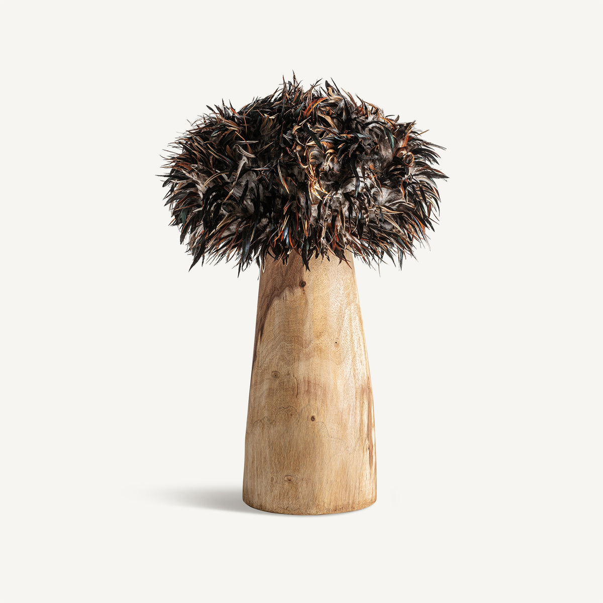Lámpara de sobremesa de teca y plumas Caracola