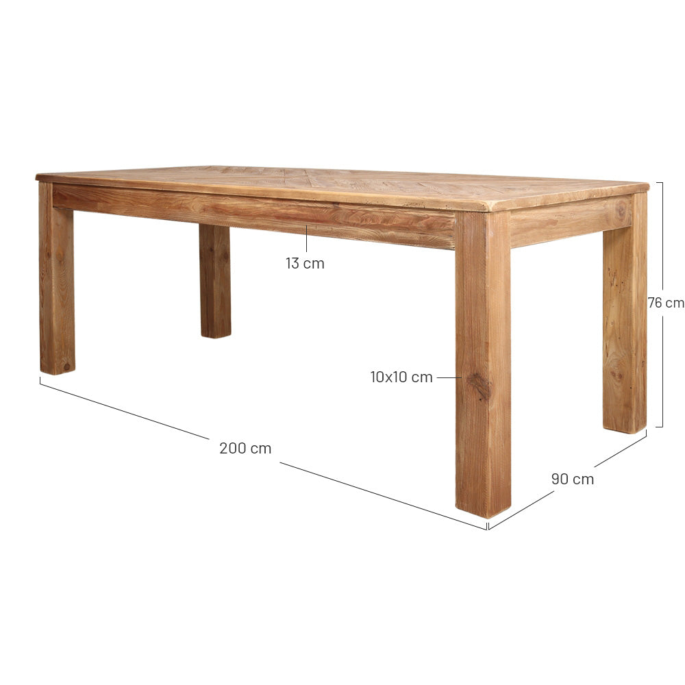 Mesa de comedor de pino reciclado en espiga Yaiza