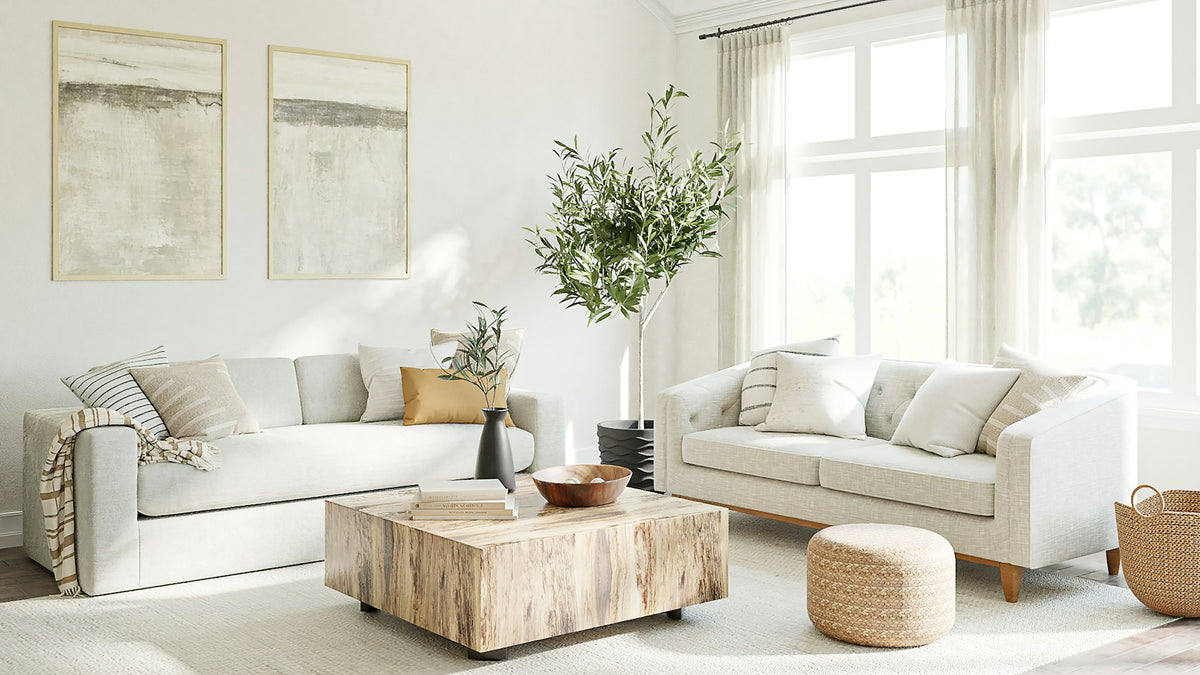 Salón luminoso con sofás blancos, mesa de madera y olivo en maceta