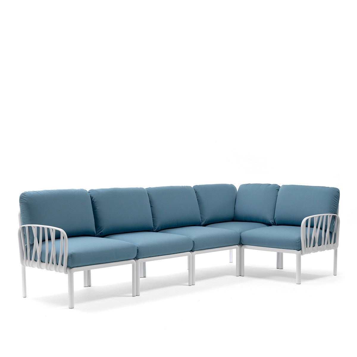 Set de sofá rinconera Komodo con puf y mesa de centro Nardi – Sofá rinconera Komodo, blanco / azul oscuro