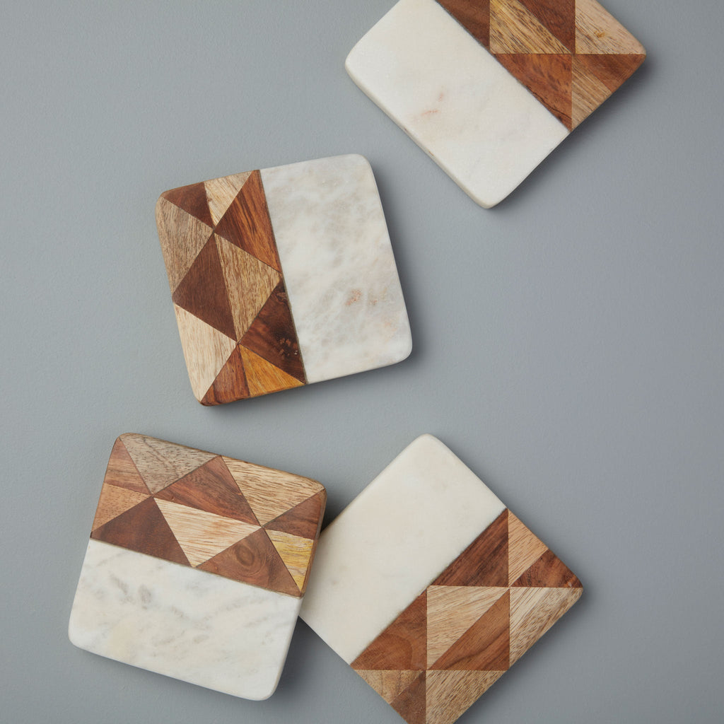 Posavasos Cuadrados de Mosaico de Madera y Mármol Blanco - #pino_y_jacaranda#